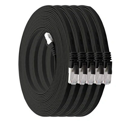 Abbildung von 1aTTack.de 5m schwarz 5 Stück Cat7 Flachkabel Netzwerkkabel Cat 7 Rohkabel Gigabit Lan (10Gbit/s) Flachbandkabel Verlegekabel Patchkabel Flach Slim Rj 45 Stecker Cat6a