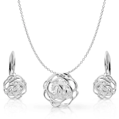 Abbildung von Crystalline Azuria Rose Blumen Kristalle Schmuck Set Halskette Anhänger 45 cm Leverback Ohrringe 18 kt Weiß Vergoldet für Damen