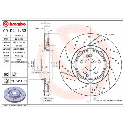 Abbildung von BREMBO 09.D411.33 Bremsscheibe 370 32 5 geschlitzt/gelocht, Verbundbremsscheibe, innenbelüftet beschichtet hochgekohlt