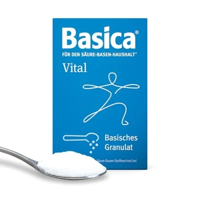 Abbildung von Basica® Vital Basen Granulat zum Einrühren in Speisen für eine normale Säure Balance glutenfrei ohne Jod und Aromastoffe verschiedene basische Mineralien Spurenelemente 200 Gramm