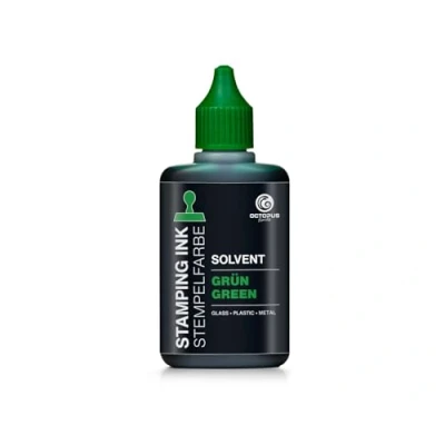 Abbildung von 50 ml Solvent Stempelfarbe grün, wasserfest auf Lösemittelbasis für nichtsaugende und nichtporöse Untergründe, lasierend