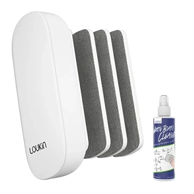 Abbildung von LOUKIN Austauschbarer trocken abwischbarer Radiergummi, magnetischer Whiteboard Radiergummi mit 3 austauschbaren Filzpads, 4 in 1 Glas Radiergummis, inklusive 30 ml Reiniger