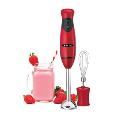 Abbildung von BELLA Stabmixer mit Schneebesenaufsatz, schnelles Mixen von Saucen, Pürieren Suppen, Smoothies &amp; Dips, BPA frei, leicht zu reinigen, Edelstahl/Rot