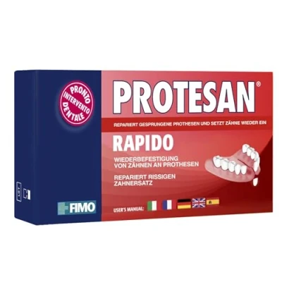 Abbildung von Protesan Rapido Reparierer von gebrochenem, gesprungenem Zahnersatz, der einen Zahn fehlt