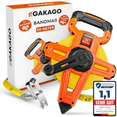Abbildung von Gakago Bandmaß 50m 3 fach übersetztes Rollmaßband mit klappbarem Hebel Ergonomischer &amp; rutschfester Maßband Haltegriff Masbandrolle Messpunkt Markierspitze und flexiblen Messhaken