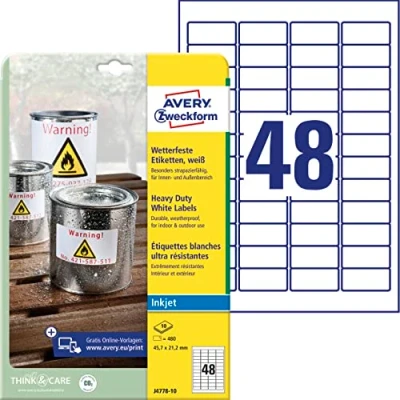 Abbildung von AVERY Zweckform J4778 10 Wetterfeste Folienetiketten Inkjet (480 Aufkleber, 45,7x21,2mm auf A4, extrem stark selbstklebend, wasserfest, strapazierfähig, bedruckbare Outdoor Klebefolie) Blatt, weiß