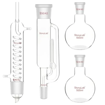 Abbildung von stonylab Soxhlet Extraktions Kit, Borosilikatglas 50/42 Extraktor mit Graham Kondensator und Zwei 500 ml 24/40 Flachbodenkolben für Laborextraktion