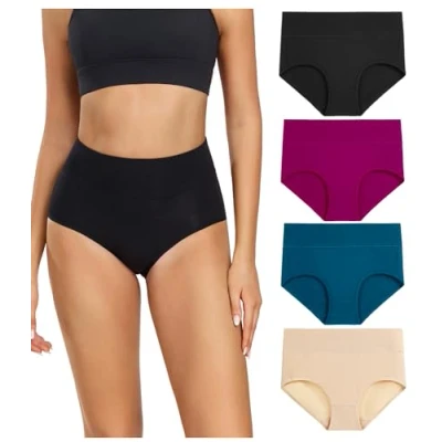 Abbildung von wirarpa Unterhosen Damen Baumwolle Frauen Unterwäsche Hohe Taille Slips Hoher Taillenslip 4er Pack Schwarz Tiefrot Teal Beige Größe Medium (38/40)