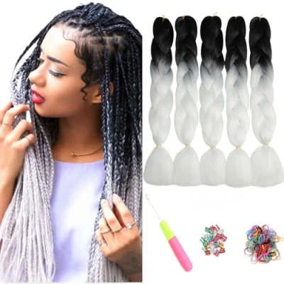 Abbildung von ShowJarlly Jumbo Braid Kunsthaar Haar, Ombre Extension, 24 Zoll Kanekalon Haar Flechten Extensions 5 Stücke Für Crochet Twist Box Zum Einflechten Zöpfe Schwarz Weiss#