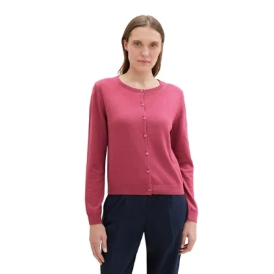 Abbildung von TOM TAILOR Damen 1042965 Basic Strickjacke mit Rundhalsausschnitt, 16348 Pink Velvet, Large