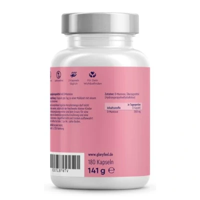 Abbildung von gloryfeel D Mannose hochdosiert 2000 mg reine pro Tagesportion 180 Kapseln aus pflanzlichem Ursprung 100% vegan, laborgeprüft und ohne Zusätze in Deutschland hergestellt
