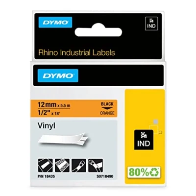Abbildung von DYMO Rhino Industrie Vinyletiketten 12 mm x 5,5 m schwarz auf orange selbstklebendes Schriftband für und LabelManager Beschriftungsgerät