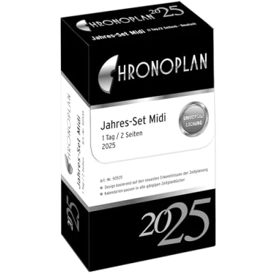 Abbildung von Chronoplan 50535 Kalendereinlage 2025 (Jahres Set Midi (96x172mm), Ersatzkalendarium für Terminplaner, Tagesplaner, ideal detaillierte Tagesplanung, 1 Tag auf 2 Seiten, mit Universallochung) weiß