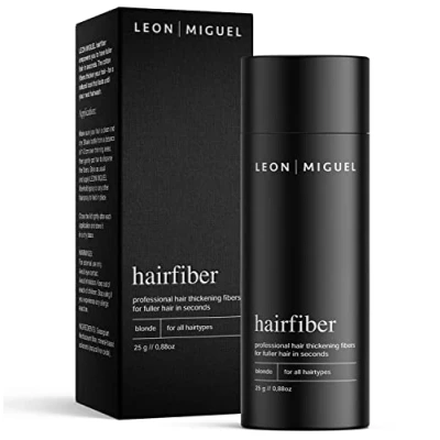 Abbildung von LEON MIGUEL Hair Fiber Haarverdichtung Premium Streuhaar/Schütthaar mit Soforteffekt bei Geheimratsecken, Haarausfall und lichtem Haar Haarpuder 25g (Blond)