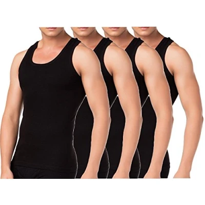 Abbildung von BestSale247 2er oder 4er Pack Herren Classic Unterhemden, Achselhemden, Tank Top, in Weiß Schwarz Grau Melange Feinripp (glatt) 100% Baumwolle (Schwarz, M)