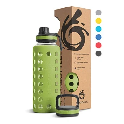 Abbildung von hydro2go® Trinkflasche aus Glas mit Silikonhülle 950 ml spülmaschinenfest 2 auswechselbare Deckel 100% Auslaufsicher BPA frei Glasflasche für Smoothies, Büro, Fitness, Yoga, Sport &amp; Outdoor