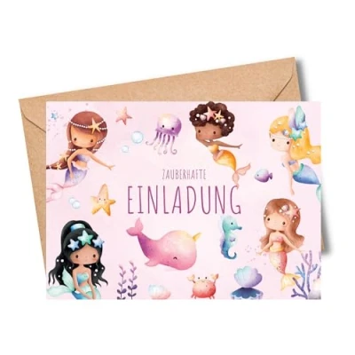 Abbildung von MeinBaby123® 10 Einladungskarten Kindergeburtstag süßer Hund Geburtstagseinladungen für Kinder Boho inkl. Briefumschläge (Meerjungfrau V4)