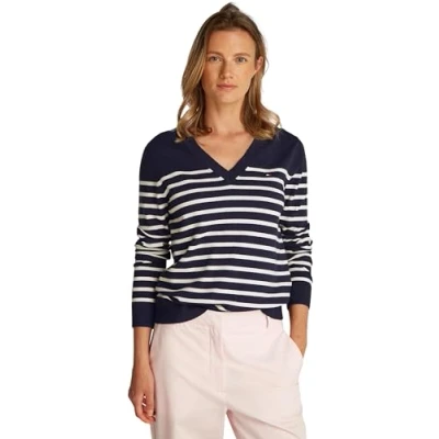 Abbildung von Tommy Hilfiger Damen Pullover Jersey V Neck Strickpullover, Mehrfarbig (Dark Night Navy/Ivory Petal Stp), S