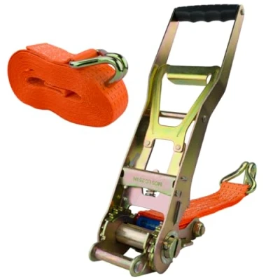 Abbildung von Spanngurt mit Langhebel Ratsche und Haken, 50mm breit 8m lang, bis 5000kg, orange, Zurrgurt für Ladungssicherung, Doppelspitzhaken, Gurtband,
