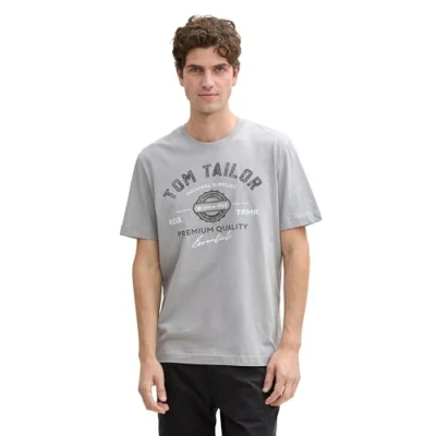 Abbildung von TOM TAILOR Herren 1037735 T Shirt aus Baumwolle mit Logo Print, 32917 Deep Grey, XL
