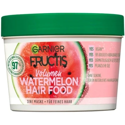 Abbildung von Garnier Haarmaske, Watermelon, Hairfood feuchtigkeitsspendende 3in1 Maske, entwirrt feines Haar sanft, schenkt unvergleichlichen Glanz, Fructis, 390 ml