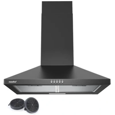 Abbildung von COMFEE&#039; CHT 3.6A17B Dunstabzugshaube 60cm Umluft &amp; Abluft, Wandhaube mit Aktivkohlefilter, 400m3/h Luftstrom, 5 Schichten Waschbarer Fettfilter, 3 Stufen, Einstellbarer Kamin, 1 LED Licht, Schwarz