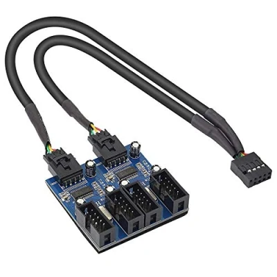 Abbildung von XMSJSIY Motherboard USB 9 Pin Header Hub Male 1 to 2/4 Female 2.0 Splitter Extension Cable, Internal Cable Connector Adapter for Port Multiplier (35cm)