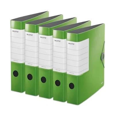 Abbildung von Leitz Qualitäts Ordner 180 Solid, 5er Pack, A4, Schmal, Hellgrün, 6,2 cm Rückenbreite, Gummibandverschluss, Robustes Polyfoam, extra breites, austauschbares Rückenschild, 11130050