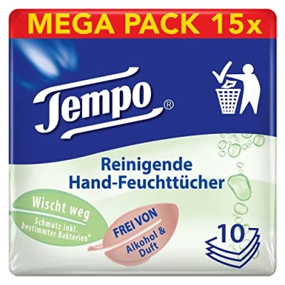 Abbildung von Tempo Reinigende Hand Feuchttücher, parfüm und alkoholfrei, dermatologisch getestet, 150 Tücher (10 x 15 Packungen)