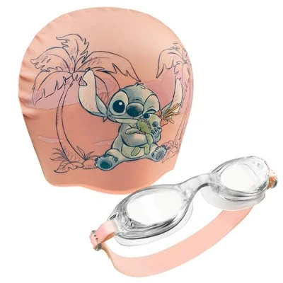 Abbildung von Disney Badekappe &amp; Schwimmbrille Kinder Set, UV Schutz, Anti Beschlag Stitch Sachen für (Pfirsichfarbe Stitch, 6 14 Jahre)