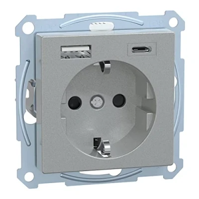 Abbildung von Schneider Electric Merten MEG2367 0460 Steckdose mit USB Anschluss Typ A+C System M Aluminium, Schuko Unterputz, Schutzkontaktsteckdose, geeigent für Smartphone, Tablet