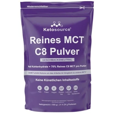 Abbildung von Reines C8 MCT Pulver 4 facher Keton Boost im Vergleich zu anderen MCTs Null Kohlenhydrate Unterstützt Keto &amp; Fasten Vegan, sicher und glutenfrei Geschmacksneutral 500g Beutel Ketosource