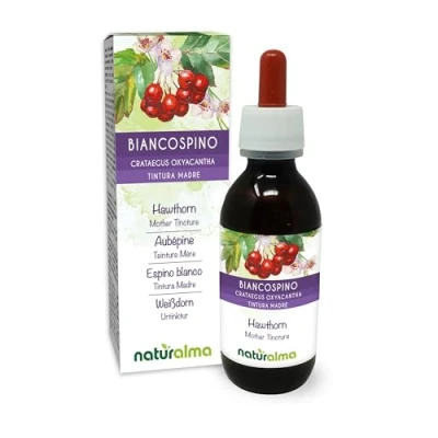 Abbildung von Weißdorn (Crataegus oxyacantha) Blüten und Blätter Alkoholfreier Urtinktur Naturalma Flüssig Extrakt Tropfen 120 ml Nahrungsergänzungsmittel Veganer