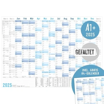 Abbildung von Häfft® XXL Wandkalender 2025 groß A1+ (89 x 63 cm) &quot;Blau&quot; 15 Monate Nov 2024 Jan 2026 + gratis A4 Jahresplaner, Wandplaner Jahreskalender gefalzt nachhaltig &amp; klimafreundlich