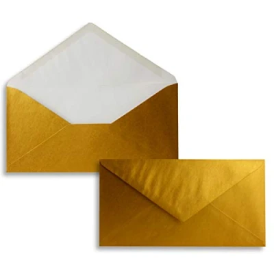 Abbildung von 50 Brief Umschläge Gold Metallic DIN Lang 110 x 220 mm (11 22 cm) Nassklebung ohne Fenster Ideal für Einladungs Karten Serie FarbenFroh