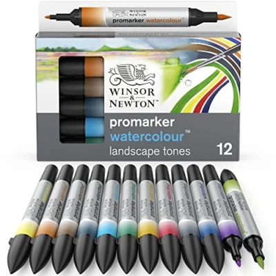Abbildung von Winsor &amp; Newton 0290167​ ProMarker Aquarellmarker 2 Spitzen, Pinsel und feiner Spitze, lichtecht, hochpigmentierte Aquarellfarben für Kalligrafie, Zeichnungen, 12 Farben Set Landschaftsfarben