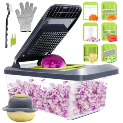 Abbildung von Gemüseschneider Manuell Mandoline Gemüsehobel mit 6 Klingen &amp; 3.3L Container Professioneller Handschutz, Multifunktionaler Hobel Gemüse Schneider, Julienne, Zwiebel Zerkleinerer