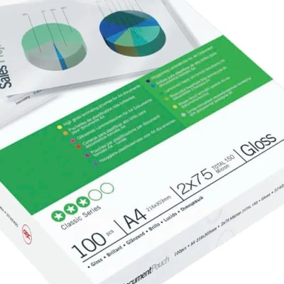 Abbildung von GBC Laminierfolien A4 75 mic, Robuste Laminiertaschen im 100er Pack, Glänzend, Transparent, Ideal für Büro &amp; Schule, 3740400