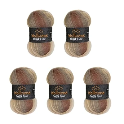 Abbildung von 5 x 100g Wollbiene Batik Fine 500 Gramm Wolle mit Farbverlauf mehrfarbig Multicolor Strickwolle Häkelwolle (5020 braun beige)