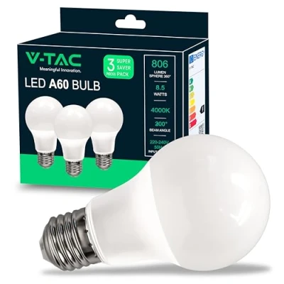 Abbildung von V TAC 3x LED Glühbirne E27 8,5W (entspricht 60W) A60 806Lumen Lampe 4000K Neutralweiß Glühlampen Energiesparlampe 3er Pack