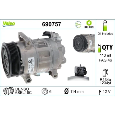 Abbildung von VALEO 690757 Kompressor 5SE 12 PAG 46 R 134a, 1234yf mit Kompressoröl PEUGEOT: 3008 I, 5008 308 I Hatchback, CITROËN: C4 Grand Picasso