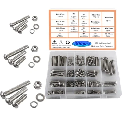 Abbildung von HVDHYY Schrauben und Mutter set M5 M6 M8 Rundkopf Sechskantschrauben DIN 933 A2 70 Edelstahl Gewindeschrauben Unterlegscheiben Nuts Bolts mit Wiederverwendbaren Aufbewahrungsbox 310pcs