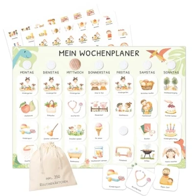 Abbildung von Wochenplaner Kinder mit Klettpunkten, Montessori Tagesplan 350 Routinekarten visueller Routineplaner für Kinder, Familienplaner mehr Struktur im Alltag (Dino)