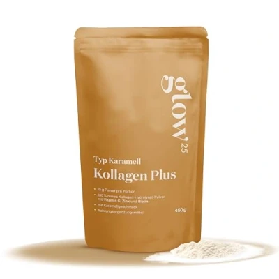 Abbildung von Glow25® Collagen Plus Karamell [450g] Kollagen Hydrolysat mit Vitamin C, Zink und Biotin Peptide Typ 1 3 Gute Löslichkeit Neutral