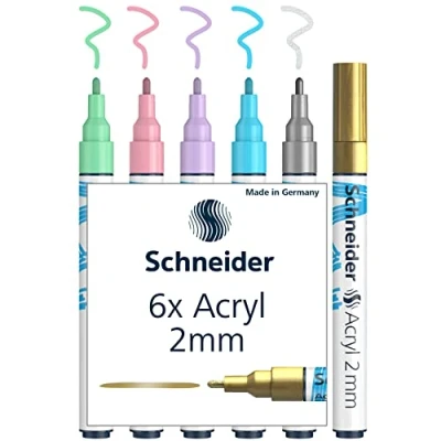 Abbildung von Schneider Paint It Acrylstifte (Set 3 mit 2 mm Rundspitze, hochdeckende Acrylfarben für Holz, Leinwand, Stein uvm.) 6 Stück, sortiert, 2mm Strichbreite