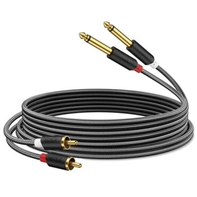 Abbildung von J&amp;D 2x 6,35 mm zu 2RCA Kabel, Gold Plated [AudioWave Serie] 2 x 6,35mm 1/4&quot; Männlich TS RCA Stereo Audio Adapter Y Splitter Cinch Kabel mit PVC Überzug und Nylon Braid 0.9 Meter
