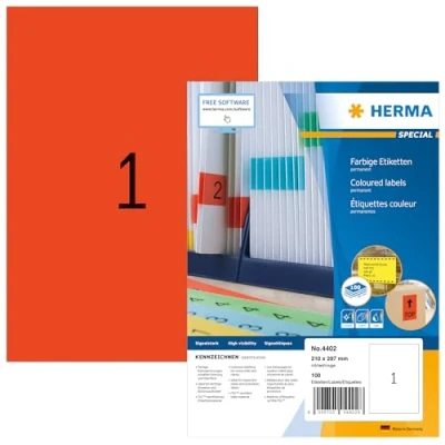 Abbildung von HERMA 4402 Farbige Etiketten rot, 100 Blatt, 210 x 297 mm, 1 pro A4 Bogen, Stück, selbstklebend, bedruckbar, matt, blanko Papier Farbetiketten Aufkleber