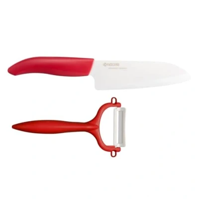 Abbildung von Kyocera GEN RED Cut &amp; Peel Set Keramik Santoku Messer mit Schäler Klinge 14 cm ergonomischer Griff extrem scharfes Küchenmesser und Sparschäler Kochmesser Profi