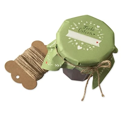 Abbildung von 25 Marmeladendeckchen Frohe Ostern Gläserdeckchen grün weiß für Marmelade, Marmeladengläser &amp; Einmachgläser, Recyclingpapier Abreißblock + 10 m Jute Garn Justiergummi