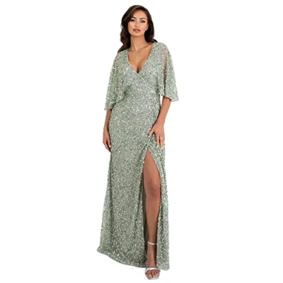 Abbildung von Maya Deluxe Damen Womens Maxi Ladies Sequin Embellished Wrap A Line Dress for Wedding Guest Bridesmaid Evening Prom Ball Occasion Kleid, Green Lily, 46